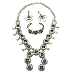Southwestern Silver Snake Eyes Turquoise Squash Necklace Earrings Cuff Bracelet